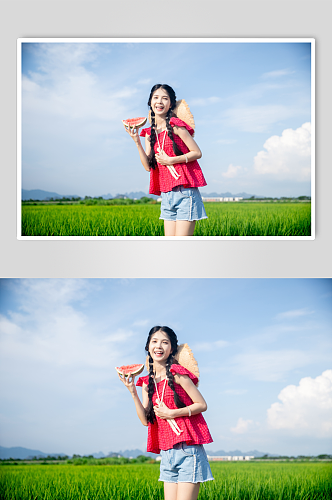 夏日红衣青春少女稻田人物摄影图片