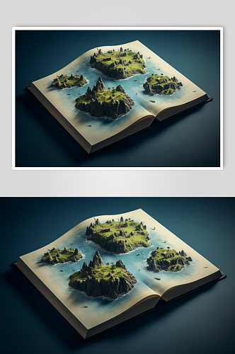 AI数字艺术书本上的创意岛屿模型