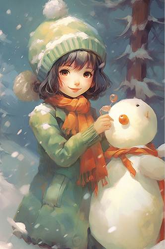 AI数字艺术女孩堆雪人二十四节气大雪插画