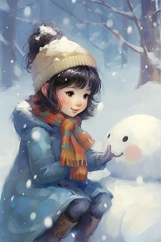 AI数字艺术女孩堆雪人二十四节气大雪插画