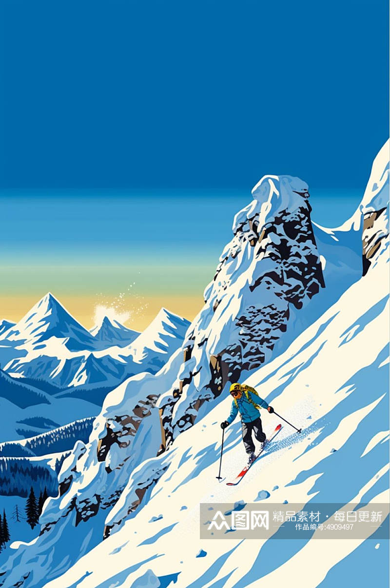 AI数字艺术原创滑雪二十四节气大雪插画素材