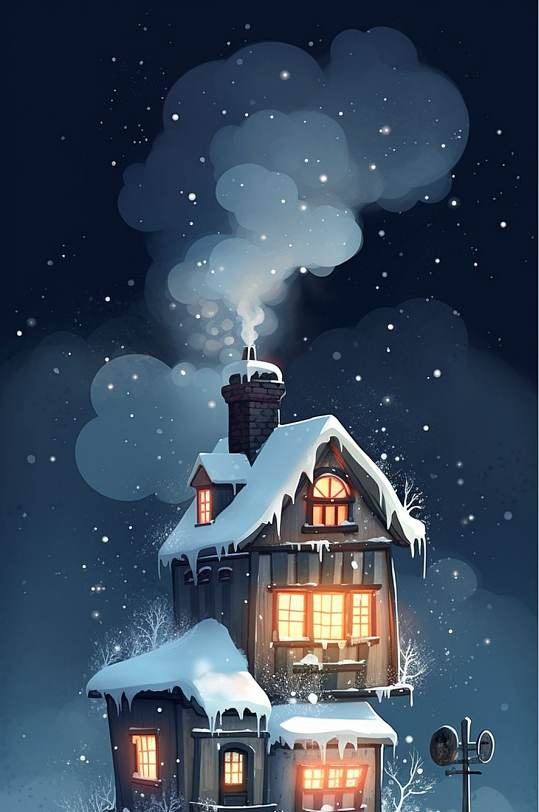 AI数字艺术手绘房屋二十四节气大雪插画