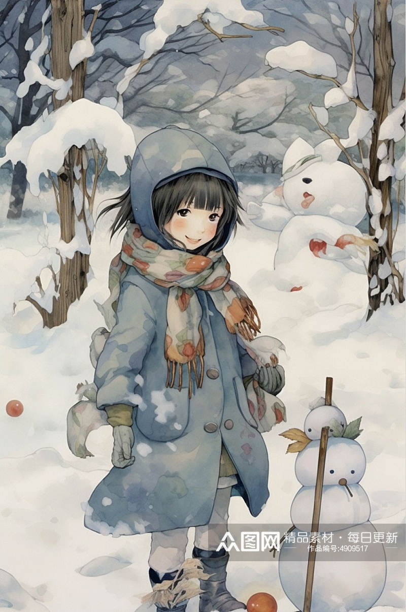 AI数字艺术女孩堆雪人二十四节气大雪插画素材