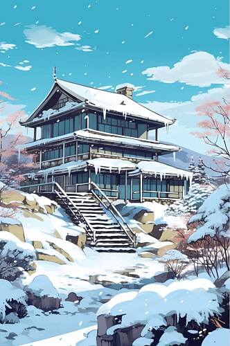 AI数字艺术田园风房屋二十四节气大雪插画