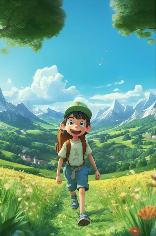 AI数字艺术夏令营男孩徒步登山人物模型-众图网