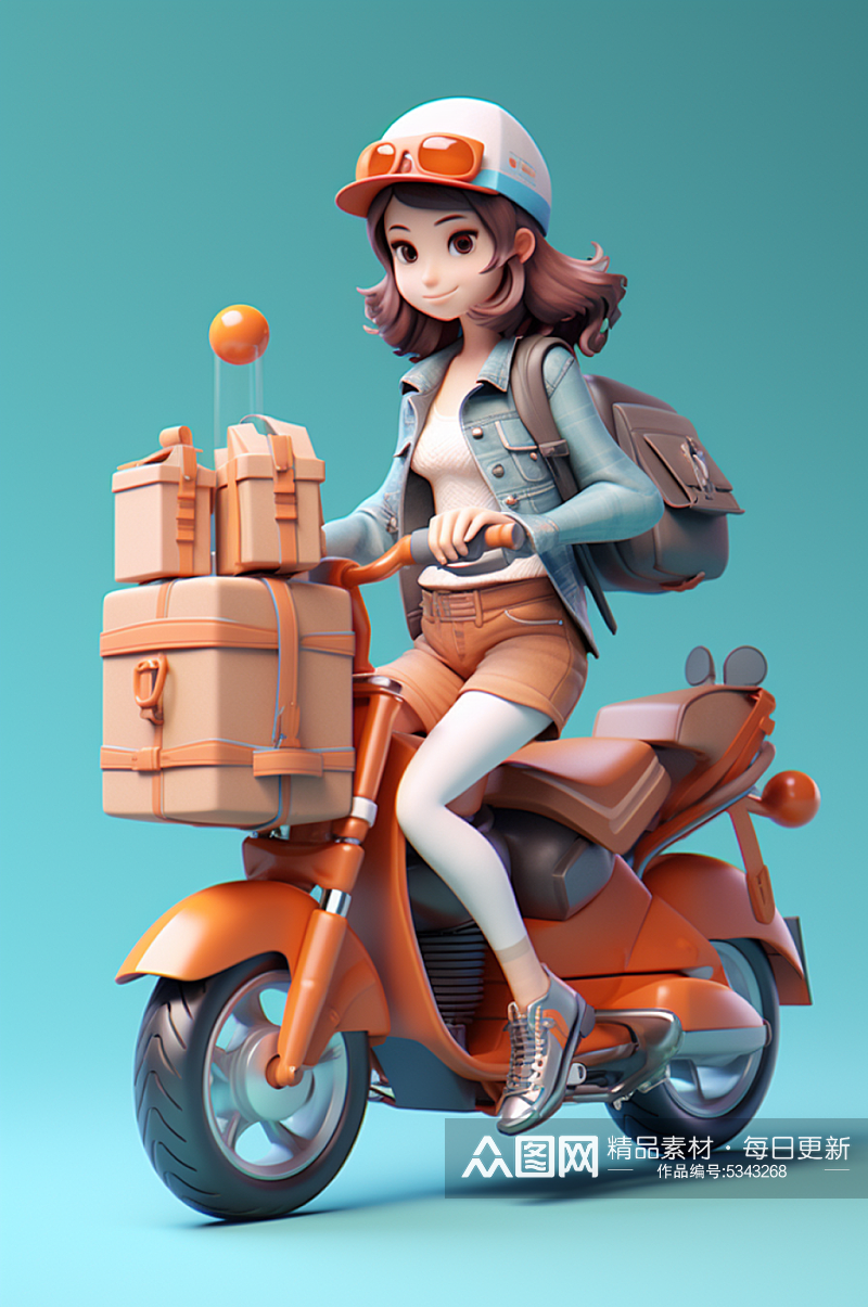 AI数字艺术背着书包骑电动车的女孩模型素材