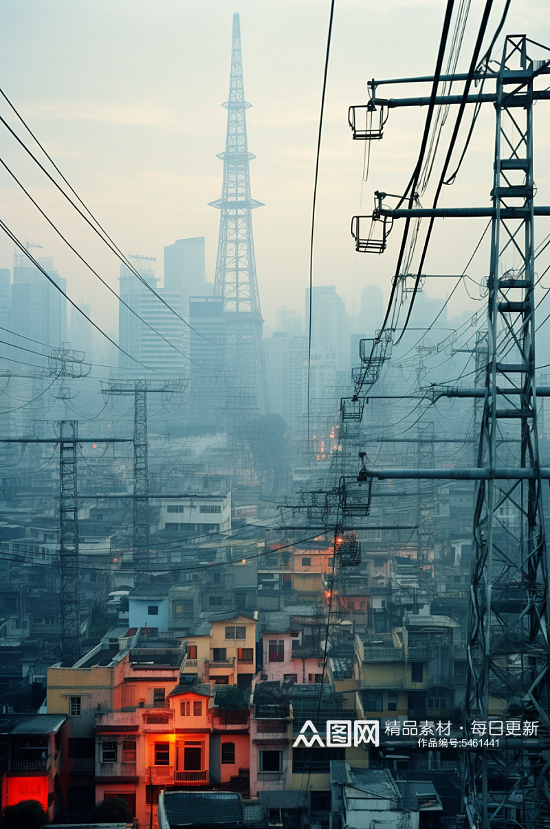 AI数字艺术城市天际线中国电网摄影图素材