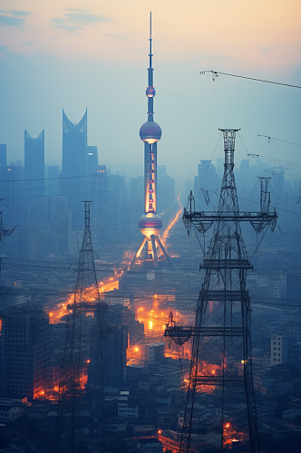 AI数字艺术城市天际线中国电网摄影图