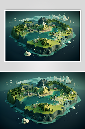 AI数字艺术立体岛屿露营游戏地图模型