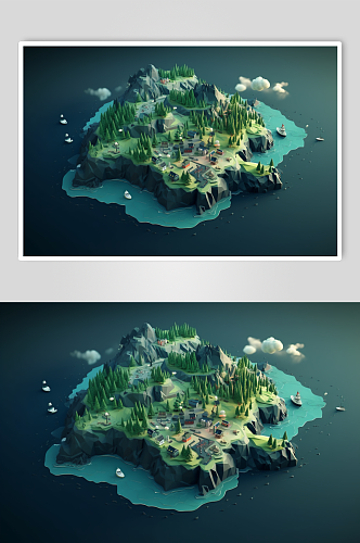 AI数字艺术立体岛屿露营游戏地图模型
