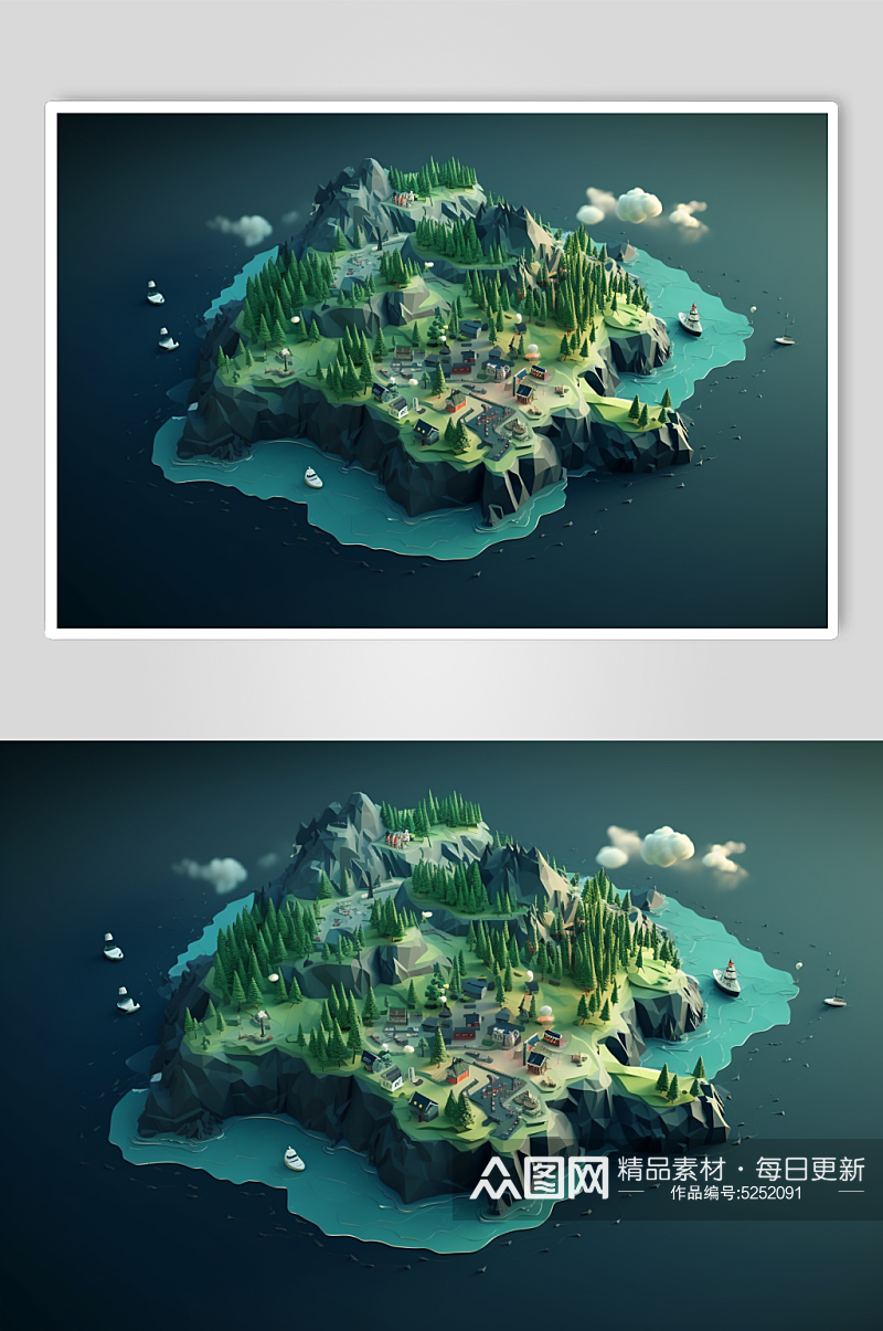 AI数字艺术立体岛屿露营游戏地图模型素材