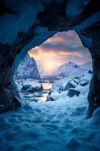 AI数字艺术精美冬季冰洞风光摄影图片