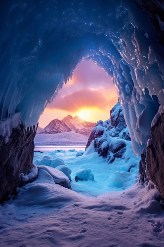AI数字艺术精美冬季冰洞风光摄影图片