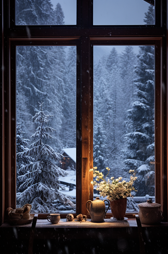 AI数字艺术冬季窗外小雪大雪雪景摄影图-众图网
