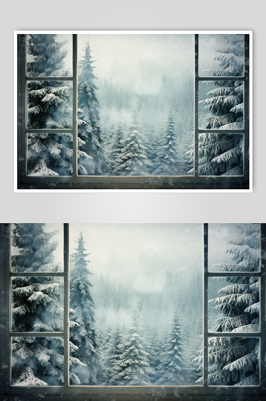 AI数字艺术冬季窗外雪景摄影图