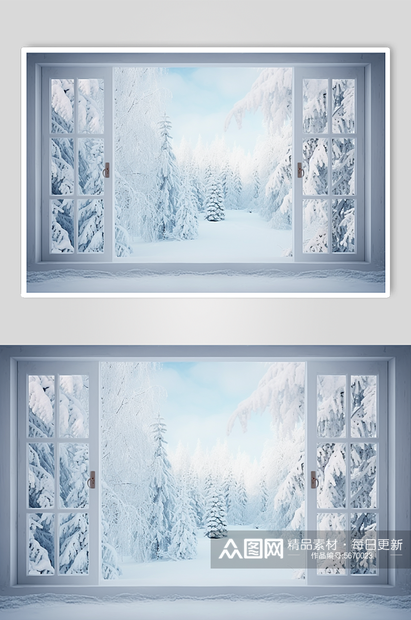 AI数字艺术冬季窗外雪景摄影图素材
