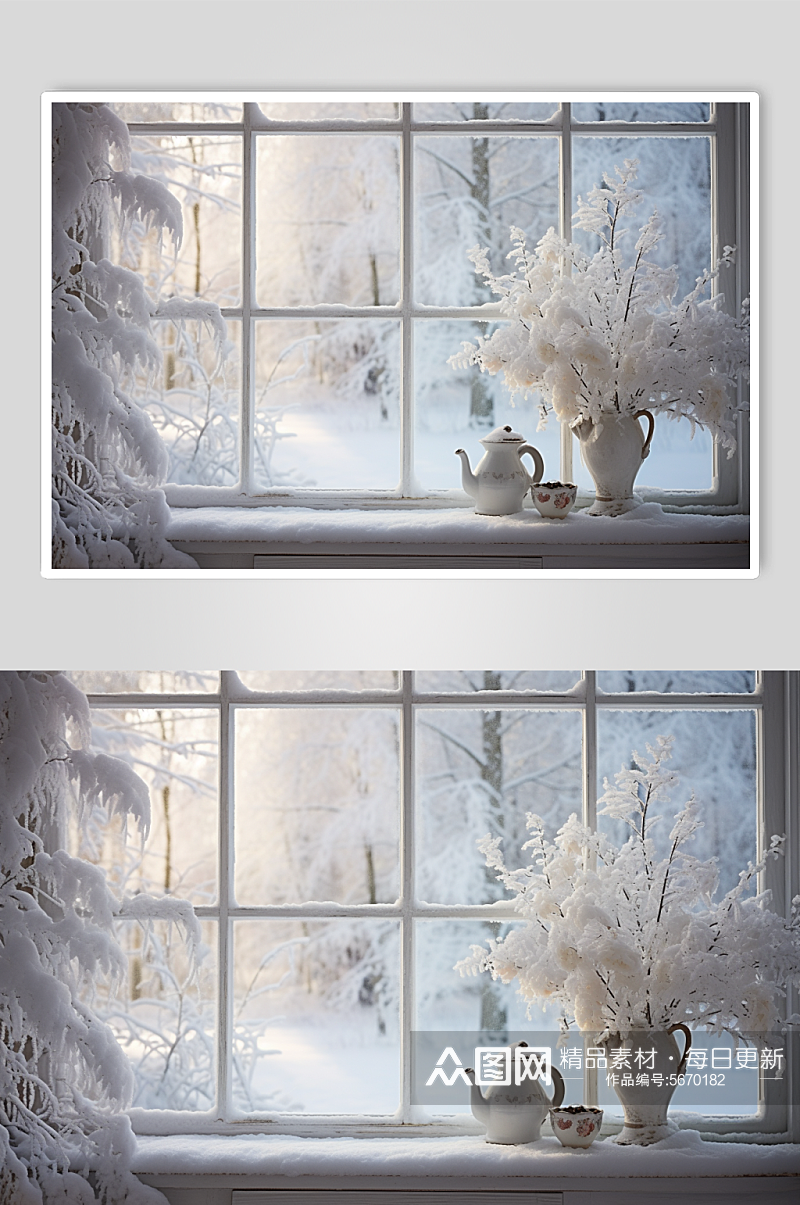 AI数字艺术冬季窗外雪景摄影图素材