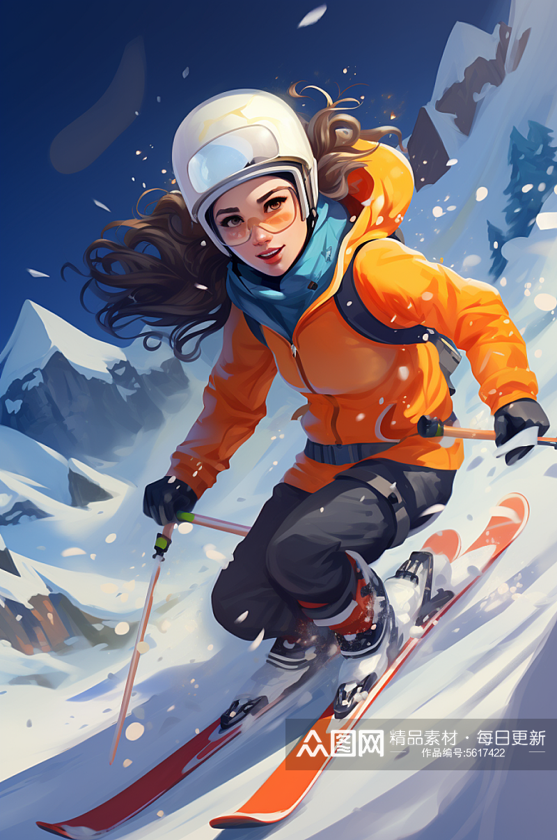 AI数字艺术冬季冬天卡通滑雪运动人物插画素材