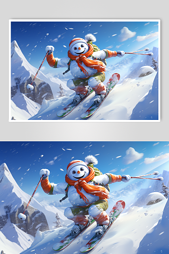AI数字艺术冬季冬天滑雪雪人元素