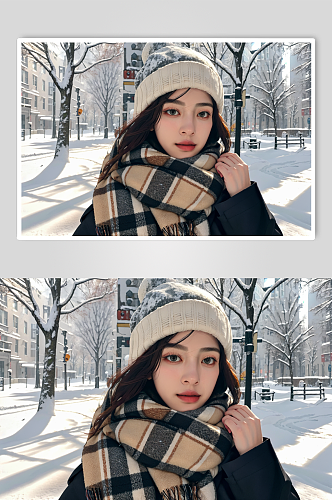 AI数字户外冬季背景羽绒服女性摄影图
