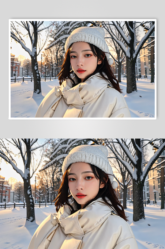 AI数字户外冬季背景羽绒服女性摄影图