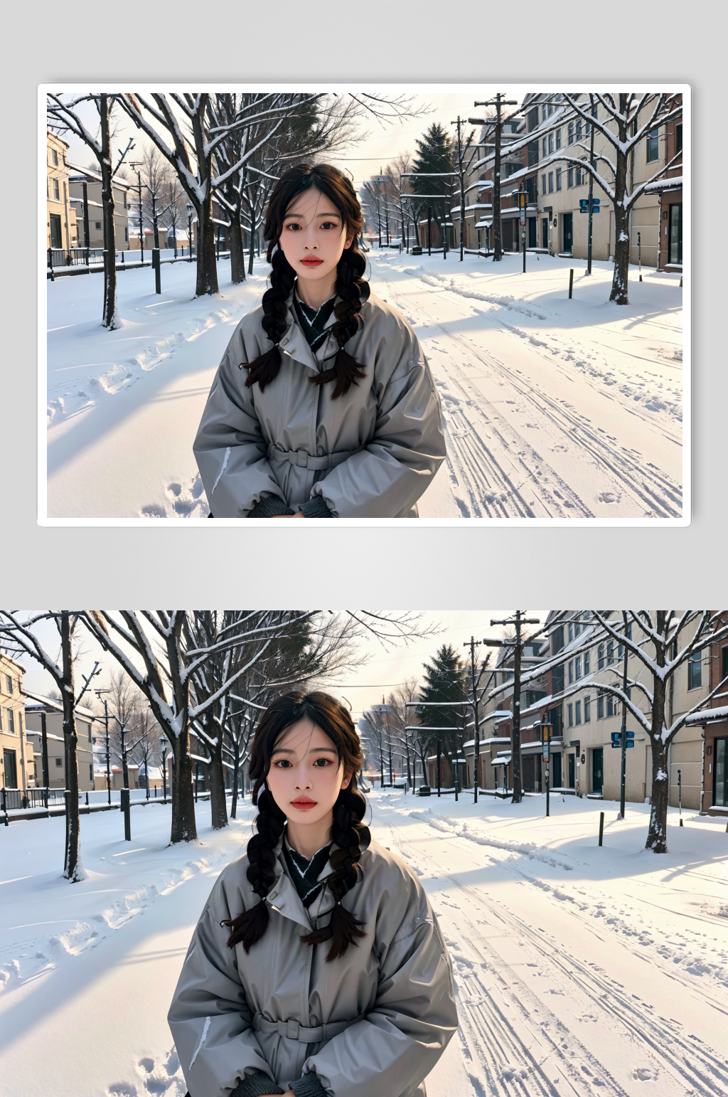 AI数字户外冬季背景风衣女性摄影图素材