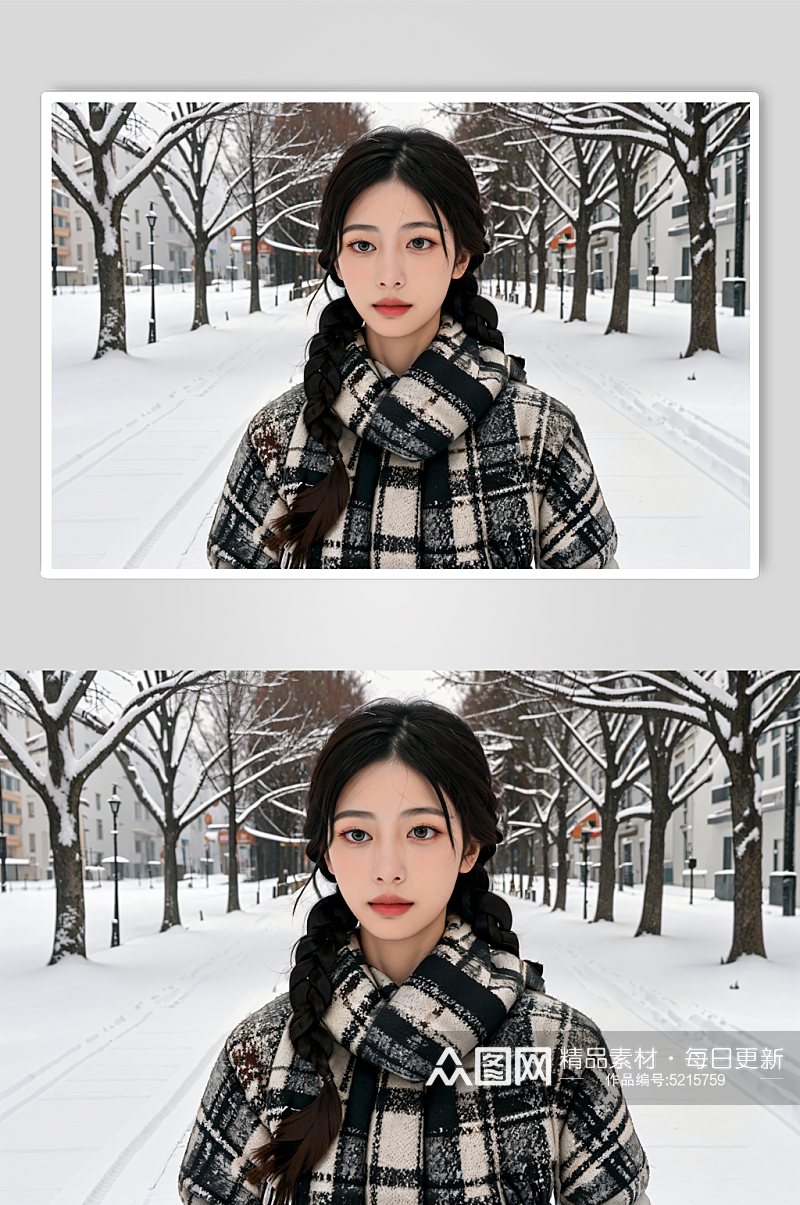 AI数字户外冬季背景女性黑白棉衣摄影图素材