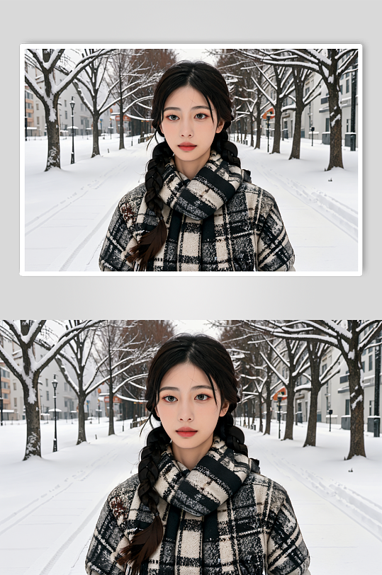 AI数字户外冬季背景女性黑白棉衣摄影图