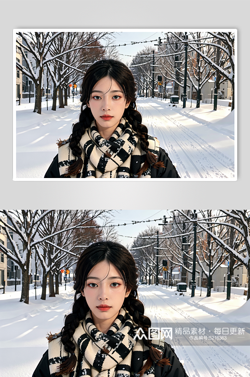 AI数字户外冬季背景羽绒服女性摄影图素材