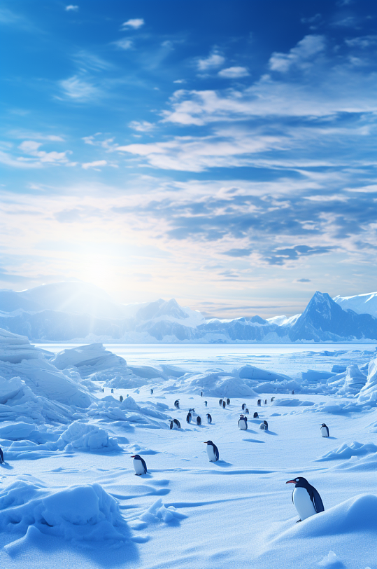 AI数字艺术冬季南极企鹅动物背景摄影图