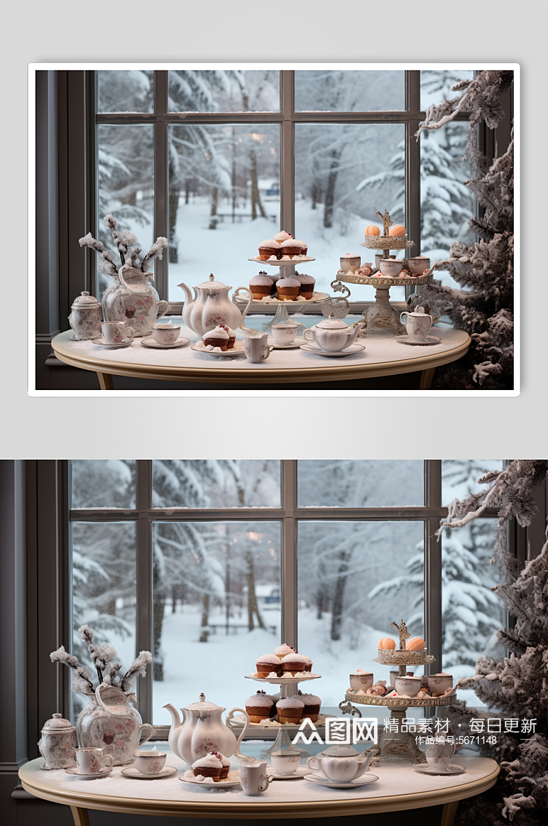 AI数字艺术冬季氛围下午茶摄影图素材
