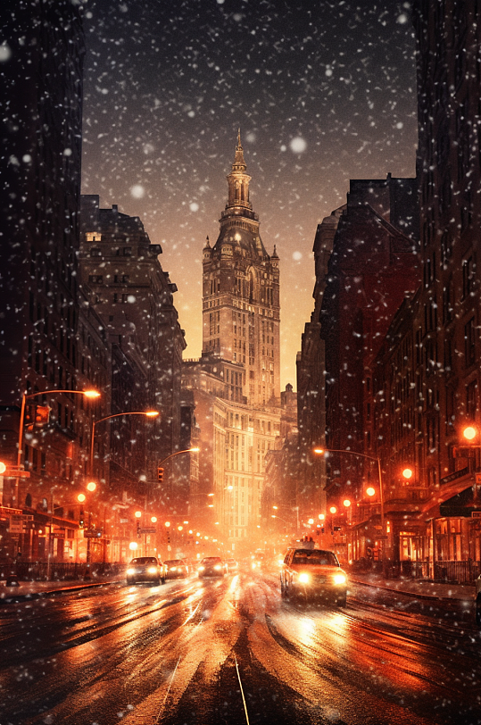 AI数字艺术高清冬季大雪雪景下的城市摄影图片
