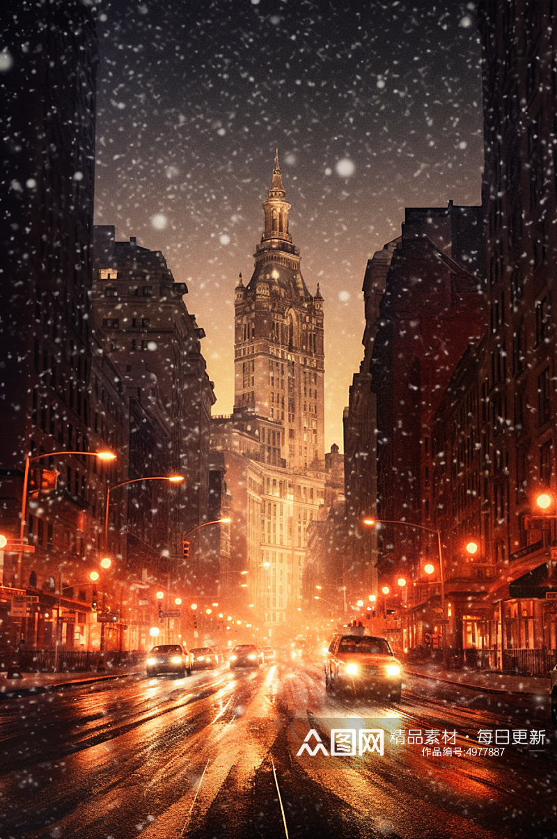 AI数字艺术高清冬季大雪雪景下的城市摄影图片素材