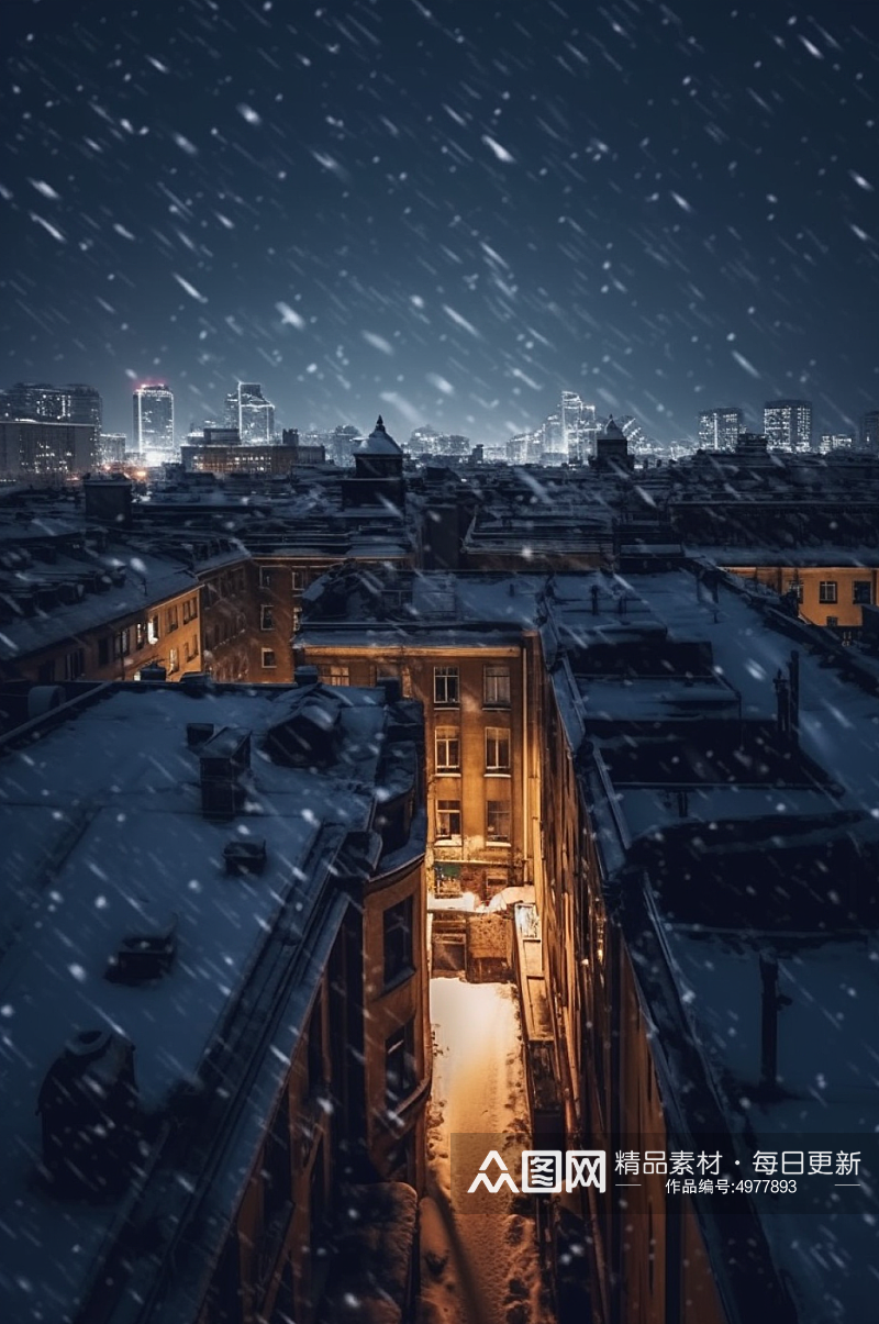 AI数字艺术高清冬季雪景下的城市摄影图片素材