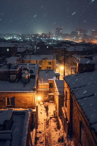 AI数字艺术唯美冬季雪景下的城市摄影图片