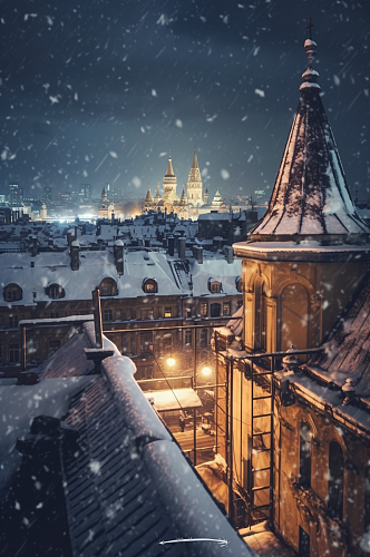 AI数字艺术唯美冬季雪景下的城市摄影图片