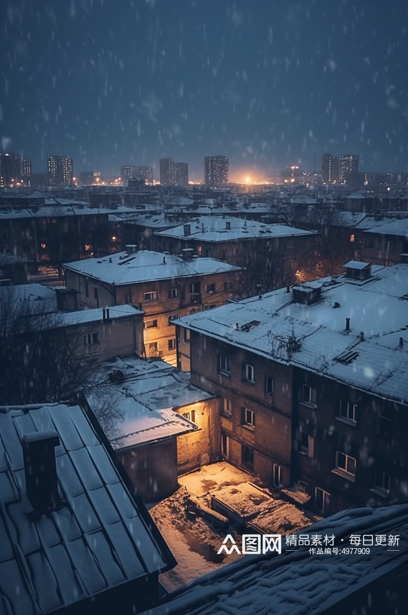AI数字艺术唯美冬季雪景下的城市摄影图片素材