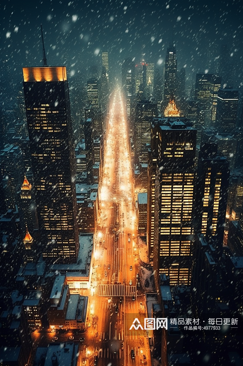 AI数字艺术唯美冬季雪景下的城市摄影图片素材
