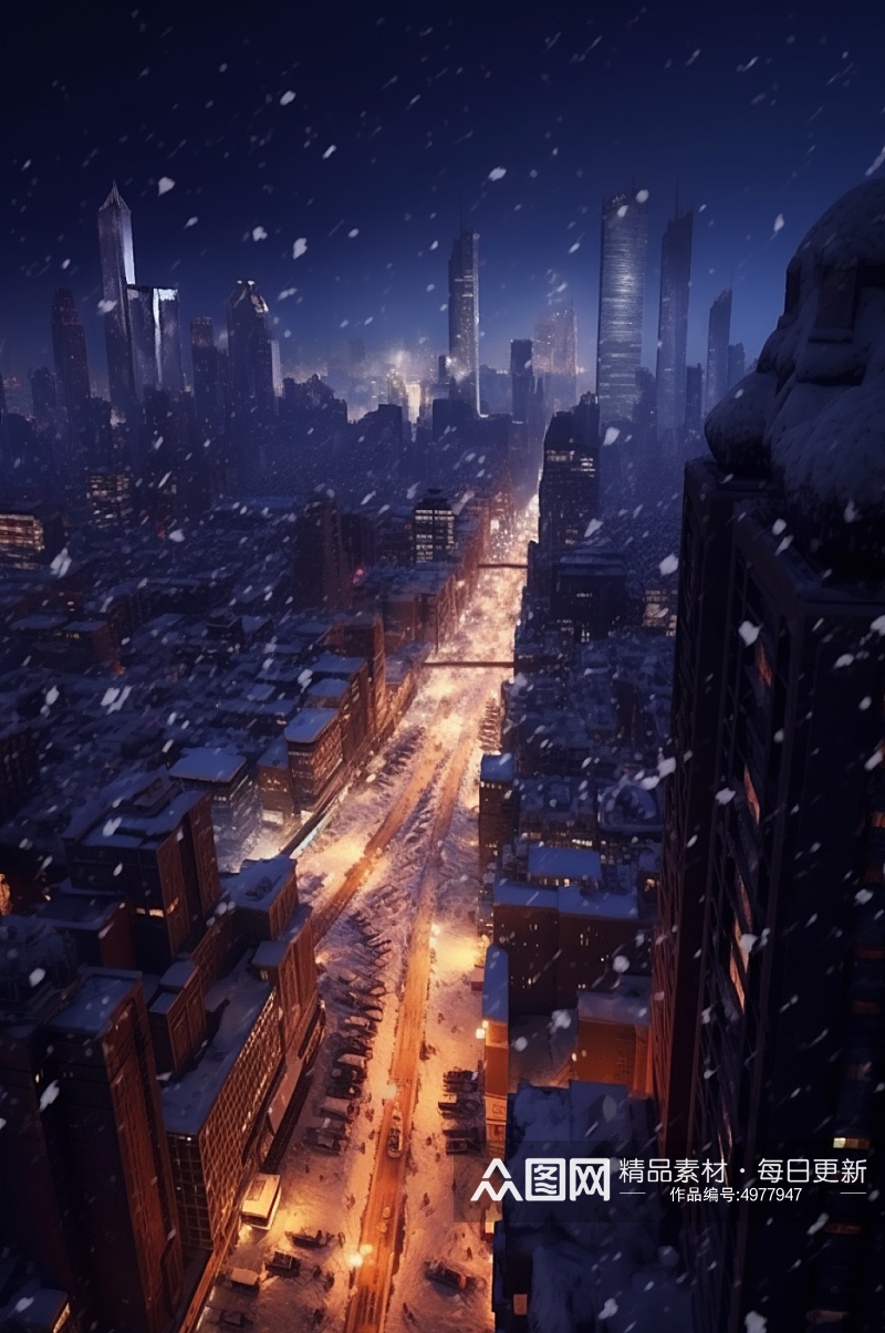 AI数字艺术繁华冬季雪景下的城市摄影图片素材