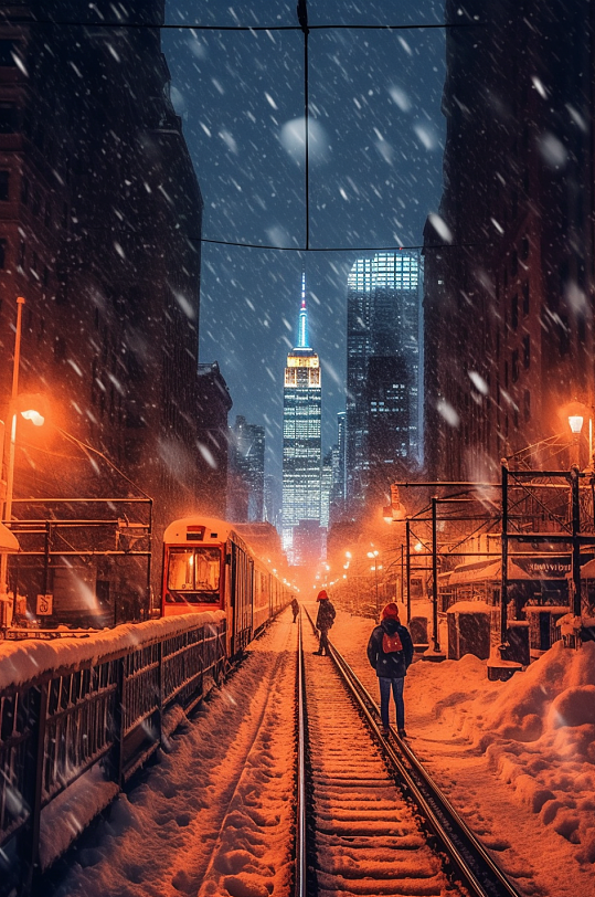 AI数字艺术繁华冬季大雪雪景下的城市摄影图片