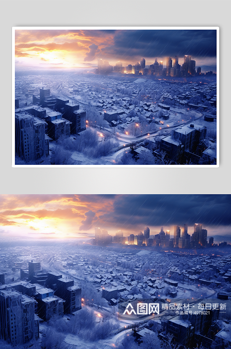 AI数字艺术高清冬季雪景下的城市摄影图片素材