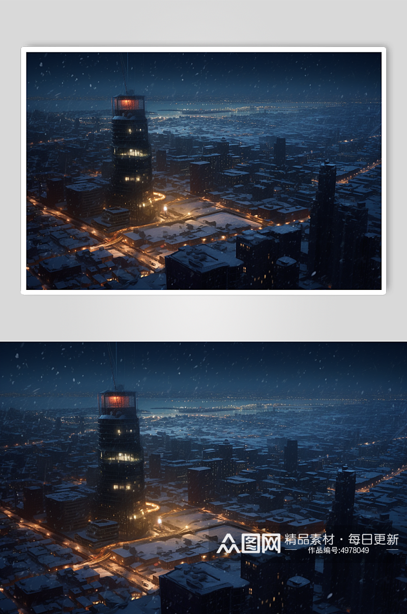 AI数字艺术创意冬季雪景下的城市摄影图片素材