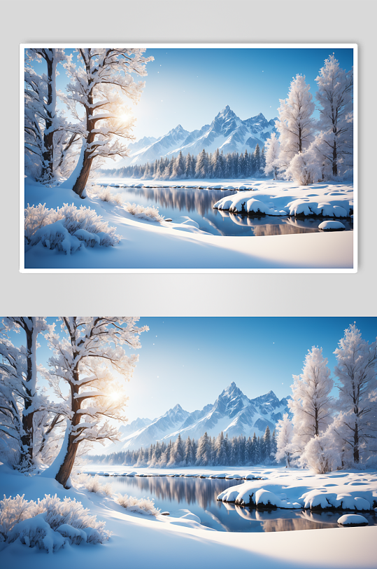 AI数字艺术冬季自然风景雪景摄影图