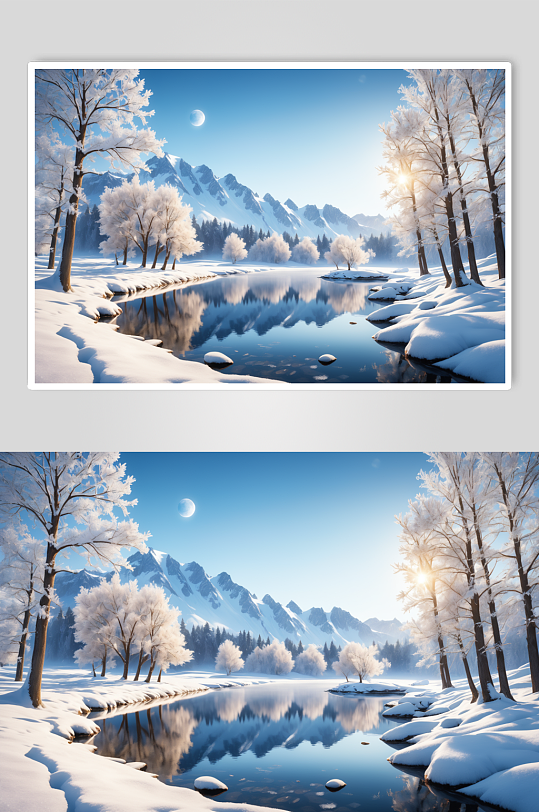 AI数字艺术冬季自然风景雪景摄影图