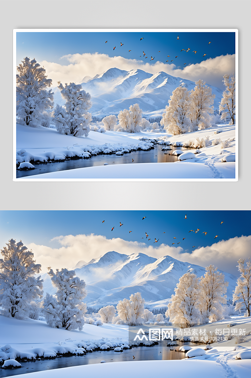 AI数字艺术冬季自然风景雪景摄影图素材