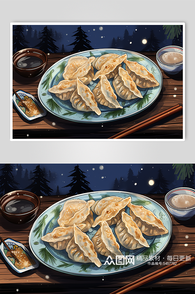 AI数字艺术冬至包饺子手绘插画素材