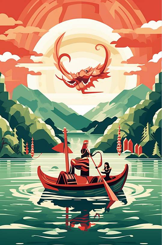 AI數(shù)字藝術(shù)卡通手繪端午節(jié)賽龍舟場(chǎng)景插畫
