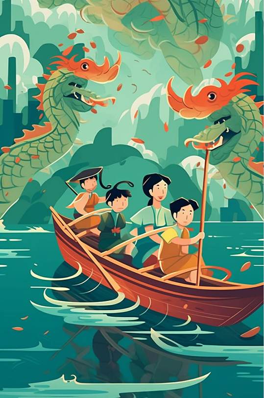 AI數(shù)字藝術(shù)原創(chuàng)手繪端午節(jié)賽龍舟場景插畫