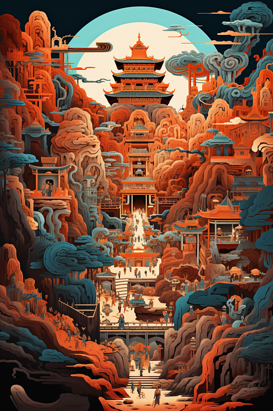 AI数字艺术敦煌风竖版国潮背景图-众图网