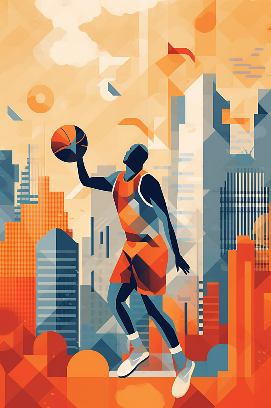 AI数字艺术打篮球扁平化多人运动场景插画